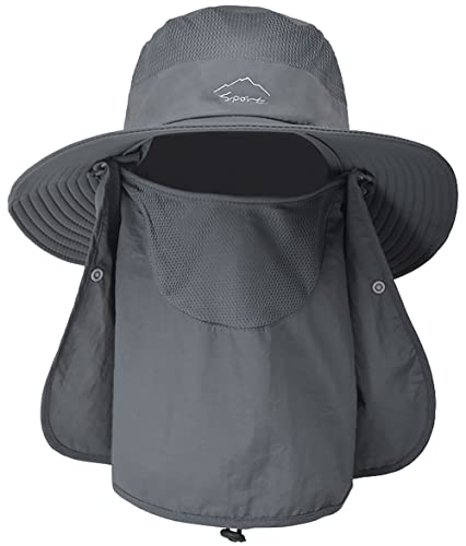 Sun Hat for Men Women, Summer UV Sun Protection Wide Brim Fishing Hat for Men with Face Cover & Neck for Hiking - color: Dark Grey(with Face Cover & Neck Flap)