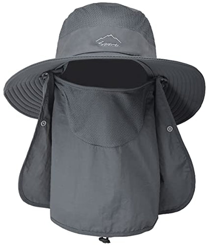 Sun Hat for Men Women, Summer UV Sun Protection Wide Brim Fishing Hat for Men with Face Cover & Neck for Hiking - color: Dark Grey(with Face Cover & Neck Flap)