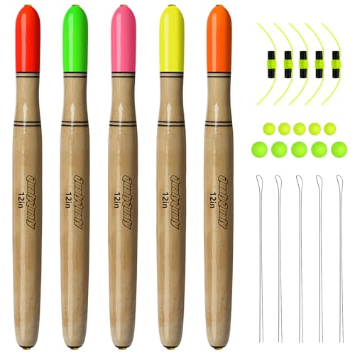 QualyQualy Lighted Fishing Floats for Catfish, 3-5PCS Fishing Pole Floats Glow in Dark Fishing Bobber with Glow Sticks for Freshwater Saltwater - color: C-Wooden Pole Float-5Pcs, size: 12"-5Pcs