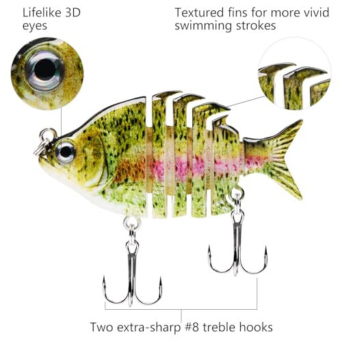 Bassdash SwimPanfish 0.34oz Hard Swimbaits Multi Jointed Topwater Trout Bass Fishing Crank Lure for Freshwater and Saltwater - color: Light Rainbow