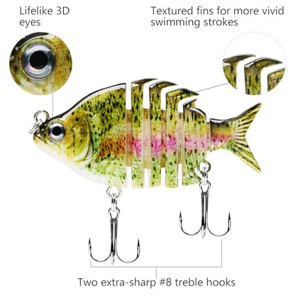 Bassdash SwimPanfish 0.34oz Hard Swimbaits Multi Jointed Topwater Trout Bass Fishing Crank Lure for Freshwater and Saltwater - color: Light Rainbow