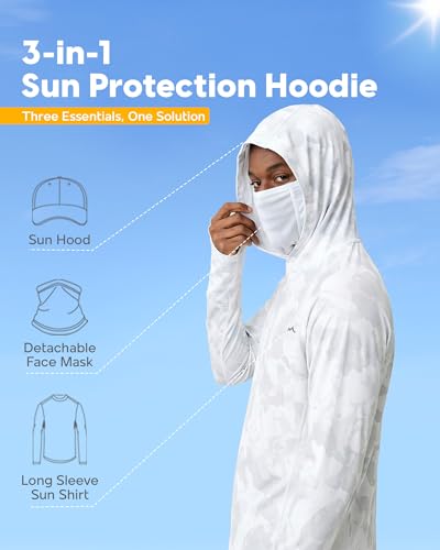 maamgic Men’s UPF 50+ Fishing Shirt Sun Hoodie with Detachable Face Mask, Long Sleeve UV Rash Guard - color: Grayish White, size: Small