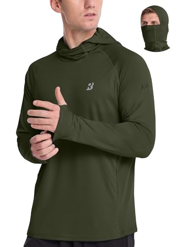 Roadbox Mens UPF 50+ Sun Protection Hoodie, Long Sleeve Fishing Shirt with Mask, Lightweight UV SPF Hooded for Hiking Running - color: Dark Green, size: Large