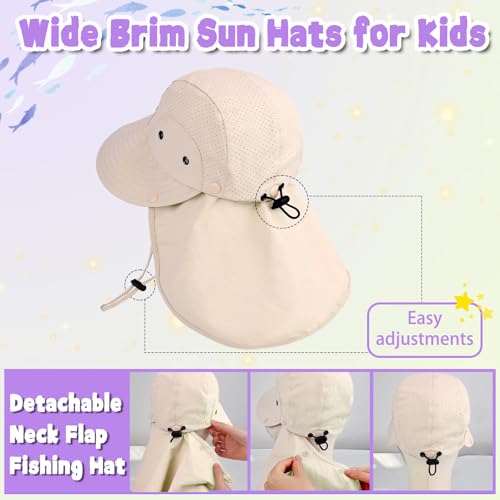 Kids Sun Hat with Detachable Neck Flap for Boys & Girls Wide Brim Fishing Hat for Kids Water Resistant UV Protection - color: 1 Pack-beige