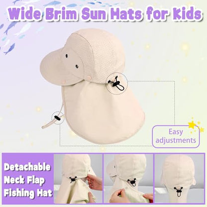 Kids Sun Hat with Detachable Neck Flap for Boys & Girls Wide Brim Fishing Hat for Kids Water Resistant UV Protection - color: 1 Pack-beige