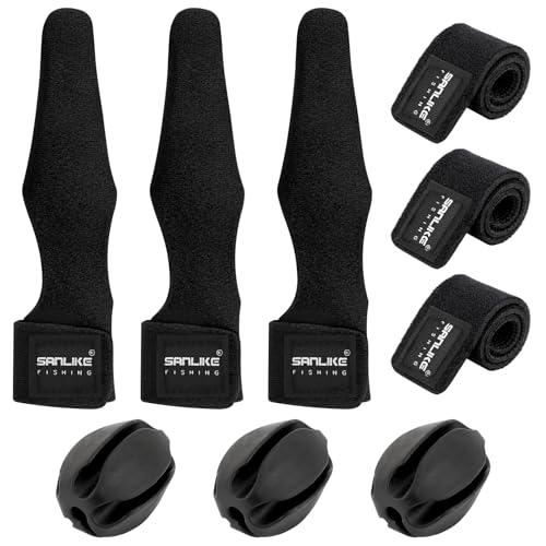 SANLIKE 9 Pcs Fishing Rod Tip Covers Set Wrap Strap Fixed Ball Saltwater | Stretchy Fishing Straps, Tackle Ties, 5 Hole Silicone Fishing Rod Fixed Ball, Protective Organizing Tools for Fishing Gear