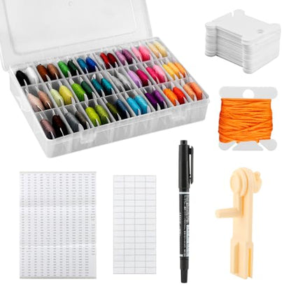 Embroidery Floss Organizer – Cross Stitch Thread Storage Box with 24 Removable Compartments, 40 Hard Plastic Floss Bobbins & Stickers