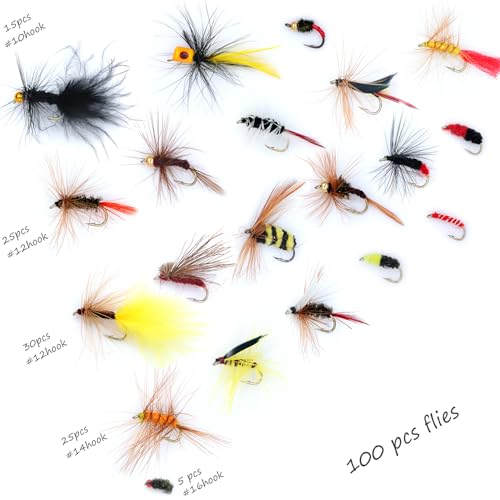 EXAURAFELIS Flying Flies kit Fishing Gear Fishing Lure 64/100/120PCS Dry Wet Flies Tackle Box Fly FishingLures for Bass Salmon Trout Freshwater Walleye Steelhead Bonefish Tarpon Saltwater - color: 100 pcs