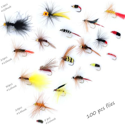 EXAURAFELIS Flying Flies kit Fishing Gear Fishing Lure 64/100/120PCS Dry Wet Flies Tackle Box Fly FishingLures for Bass Salmon Trout Freshwater Walleye Steelhead Bonefish Tarpon Saltwater - color: 100 pcs