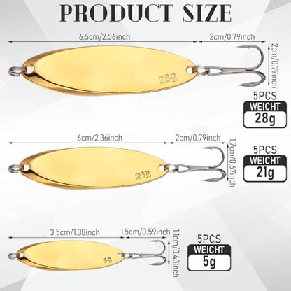 Shappy 15 Pcs Fishing Spoons Lures Treble Hooks Fishing Spoons 3 Sizes Hard Metal Casting Spoon Lures for Bass Trout Salmon Freshwater Saltwater in 1/5 3/4 1 oz - color: Gold