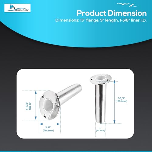 Marine City Heavy Duty Strong 316 Stainless-Steel Gloss Polished Finish Flush Mount Angled Fishing Rod Pole Holder with Drain 15 Degree