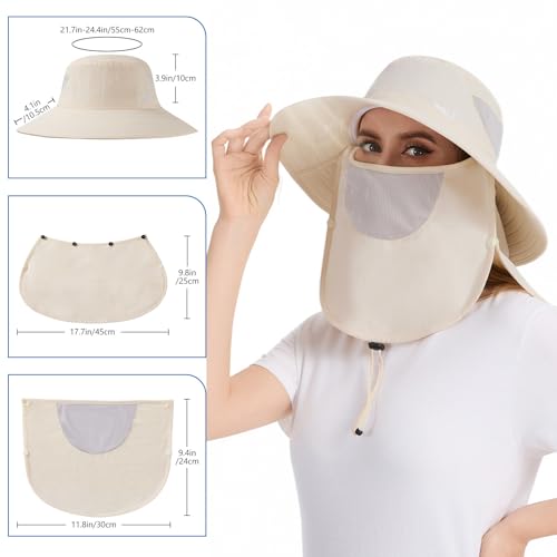 BASSDASH UPF 50+ Breathable Sun Hat with Removable Face Cover and Neck Flap Wide Brim Bucket Hat for Fishing Hiking Men Women - color: Beige