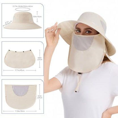 BASSDASH UPF 50+ Breathable Sun Hat with Removable Face Cover and Neck Flap Wide Brim Bucket Hat for Fishing Hiking Men Women - color: Beige