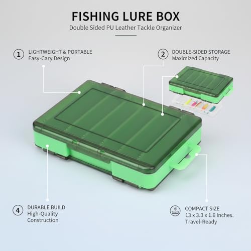 Double-Sided Fishing Lure Box, Slim PU Leather Tackle Organizer for Kayak & Travel, 13 x 3.3 x 1.6 Inches - color: Green