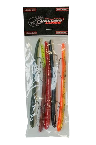 DeLong Lures 6" KILR Worm – Made in USA Weedless Pre-Rigged Soft Plastic Swimbaits, Extra Durable Bass Fishing Lures for Pike and More, 5-Pack Variety - color: Black