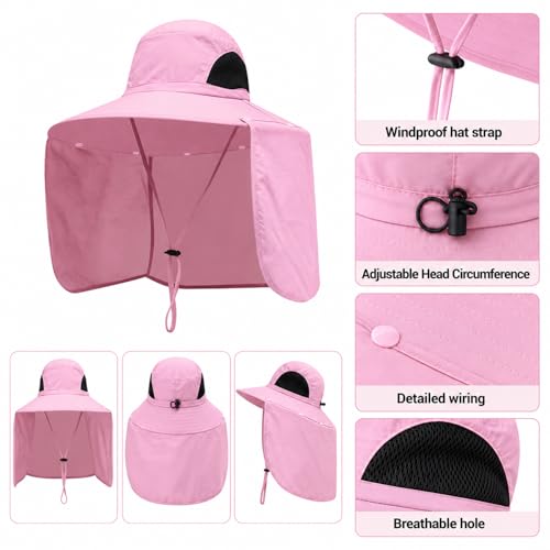 HUAMULAN Women Large Brim Sun Hat with Neck Flap, Men Quick Dry Hiking Fishing Safari Hat UPF 50+ - color: Yq005-pink