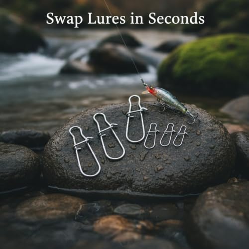 Gourd-Shape Stainless Steel Lure Snaps, Silver Finish Quick-Change Connectors for Saltwater and Freshwater Fishing Tackle (100-Pack Assorted Sizes) - size: 1.97 x 1.57 x 0.59"