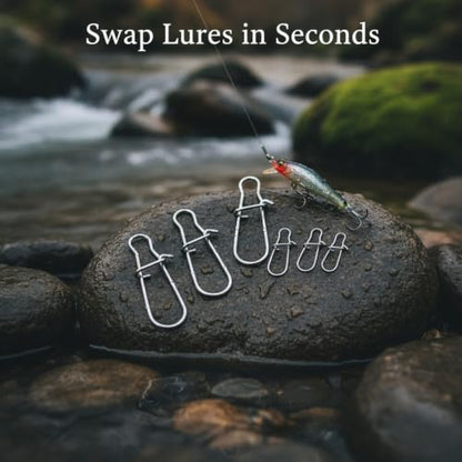 Gourd-Shape Stainless Steel Lure Snaps, Silver Finish Quick-Change Connectors for Saltwater and Freshwater Fishing Tackle (100-Pack Assorted Sizes) - size: 1.97 x 1.57 x 0.59"