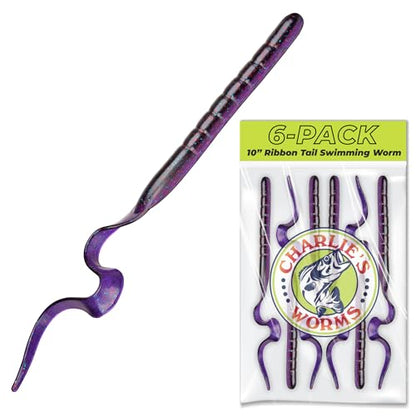 Charlie's Worms 10" Ribbon Tail Soft Plastic Worms for Bass Fishing, Freshwater & Saltwater Lures, Scented Swim Bait, Texas Rigged, Weedless, Large & Smallmouth, White Firetail, 6-Pack - color: Black Grape Green Glitter