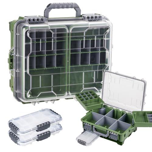 THKFISH Waterproof Tackle Box, Portable Fishing & Tackle Storage Box with Two 3500 Stowaway Boxes and Removable Dividers, Tackle Box, Thicker Floating Airtight Stowaway,Pink/Green/Blue/Grey - color: M-Green