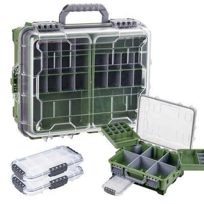 THKFISH Waterproof Tackle Box, Portable Fishing & Tackle Storage Box with Two 3500 Stowaway Boxes and Removable Dividers, Tackle Box, Thicker Floating Airtight Stowaway,Pink/Green/Blue/Grey - color: M-Green