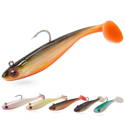3 1/2" Pre-Rigged Jig Head Fishing Lures Pack of 5 - Soft Plastic Paddle Tail Swimbait with Hook for Freshwater and Saltwater