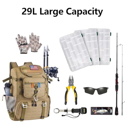 29L Multi-Compartment Fishing Tackle Backpack with 4 Rod Holder, Integrated Cooler and Rain Cover