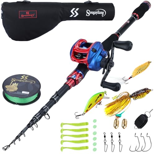 Sougayilang Fishing Rod and Reel Combo, Telescopic Fishing Pole with Baitcasting Reel Combo, 2-Piece Baitcaster Fishing Combo
