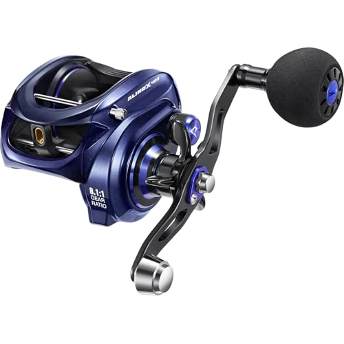 Piscifun Alinox 400 Baitcaster Fishing Reel, 38Lbs Max Drag Aluminum Alloy Frame Baitcasting Reel, Available in 6.6:1/8.1:1 Gear Ratio, Freshwater and Saltwater Low Profile Casting Reel for Musky - color: Bluish-violet - 8.1:1, style: Left Hand Retrieve