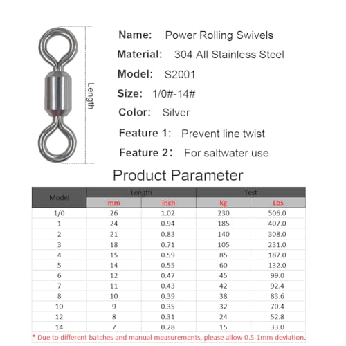 100 Pcs Fishing Swivels Saltwater, 100% 304 Stainless Steel Power Swivel Corrosion Resistance Barrel Swivels High Strength Freshwater Fishing Line Lure Leader Connectors - size: 10# 0.35" / 70LB