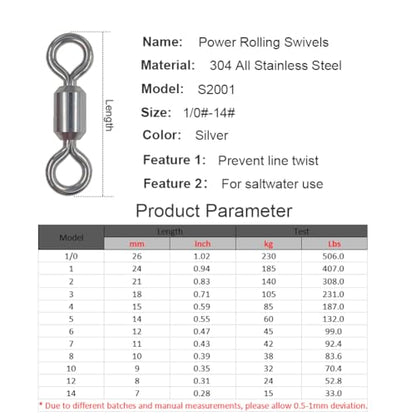 100 Pcs Fishing Swivels Saltwater, 100% 304 Stainless Steel Power Swivel Corrosion Resistance Barrel Swivels High Strength Freshwater Fishing Line Lure Leader Connectors - size: 10# 0.35" / 70LB