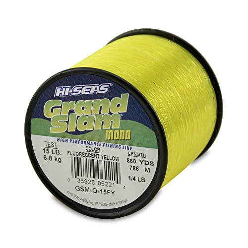 HI-SEAS Grand Slam Monofilament Fishing Line - Strong & Abrasion Resistant in Clear, Pink, Green, Smoke Blue, Fluorescent Yellow Freshwater & Saltwater – Quarter Pound Spool - color: Flourescent Yellow, style: 15 Lb Test, 0.40 Mm Dia, 860 Yd