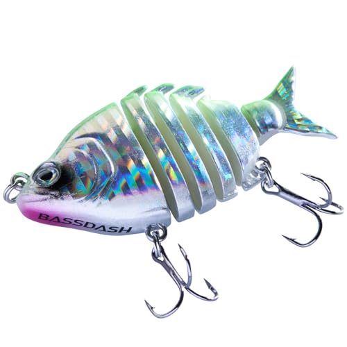 Bassdash SwimPanfish 0.34oz Hard Swimbaits Multi Jointed Topwater Trout Bass Fishing Crank Lure for Freshwater and Saltwater - color: Green/Silver