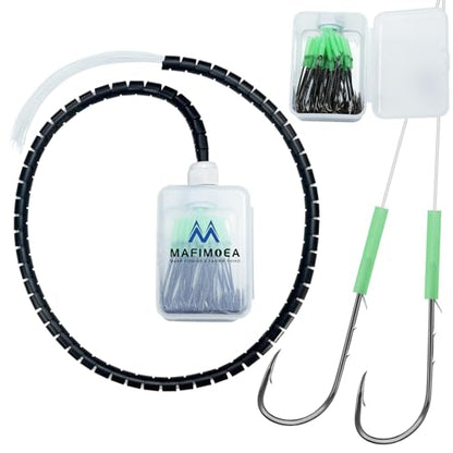 Fishing Hook Case with 40 Pre-Tied Hooks, Transparent Tackle Box, Offset Double Barbed Baitholder Hooks with Glow Sleeves for Bass Catfish Snapper Croaker Walleye Saltwater Freshwater - size: 6/0#-40pcs