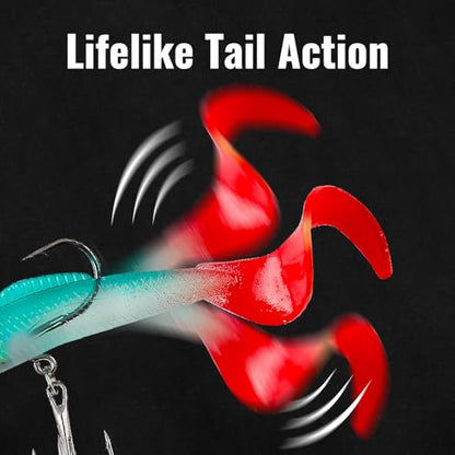Soft Fishing Lures for Bass 6pcs Curly Tail Swimbaits Pre-Rigged Jig Head Baits with Tackle Box for Freshwater Saltwater Trout Crappie Walleye Realistic Action 3D Eyes Sharp Hooks Kit