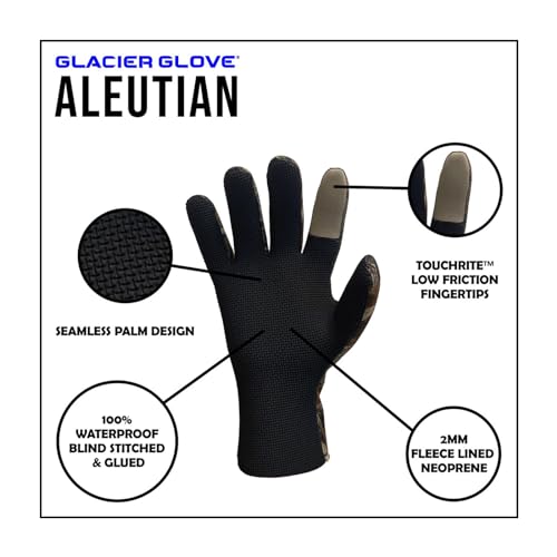 Glacier Glove Men's Aleutian Waterproof Fleece-Lined Neoprene Gloves | Blind Stitched, Seamless Sharkskin Textured Palm Handwear - size: Small