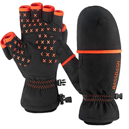 BASSDASH WinteFlex Insulated Ice Fishing Mittens Cold Weather Fingerless Gloves Water Resistant for Men Women Hunting - color: Black, size: XX-Large