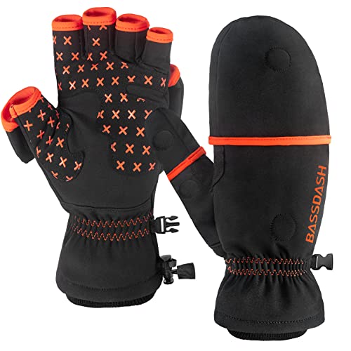 BASSDASH WinteFlex Insulated Ice Fishing Mittens Cold Weather Fingerless Gloves Water Resistant for Men Women Hunting - color: Black, size: Medium