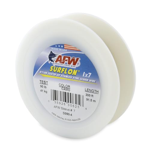 American Fishing Wire Surflon Nylon Coated 1x7 Stainless Steel Wire Leader - Wire Fishing Leader Line for Saltwater 10lb Up To 250lb Test in Bright, Black, Camo in 30ft, 100ft, 300ft, & 1000ft Lengths - color: Camo, style: 300 Feet, 90 Pound Test