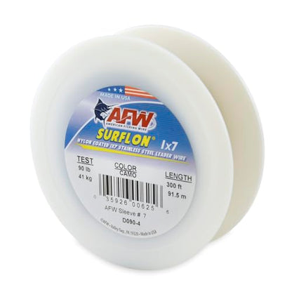American Fishing Wire Surflon Nylon Coated 1x7 Stainless Steel Wire Leader - Wire Fishing Leader Line for Saltwater 10lb Up To 250lb Test in Bright, Black, Camo in 30ft, 100ft, 300ft, & 1000ft Lengths - color: Camo, style: 300 Feet, 90 Pound Test