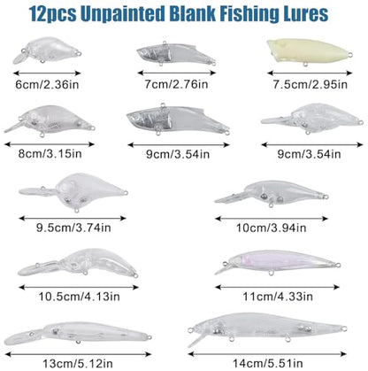 Unpainted Fishing Lures Making Kit DIY Blank Lures Crankbaits Minnow Jerkbait Hard Bait Set with Treble Hooks, Split Rings, Lure Eyes, Lure Stickers Lure Making Supplies Make Your Own Fishing Lures - style: 12pcs Lures Kit