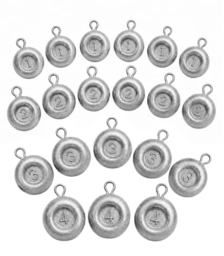 No Roll Disc Sinkers Fishing Weights, Coin Sinkers with Metal Eye, Flat Round Lead Weights for Catfish Rigs, Surf, Pier, Bottom, Saltwater & Freshwater Fishing - size: 20 Pcs / 4 Sizes