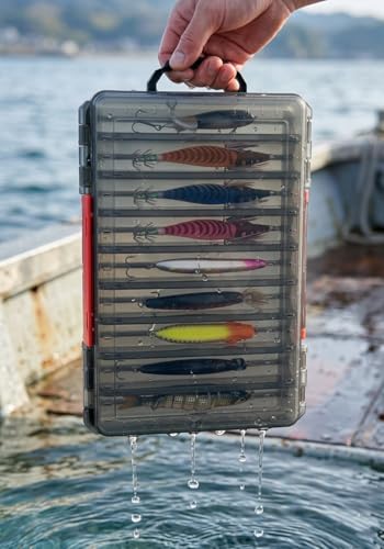 Large Fishing Lure Box Organizer - 18 Compartment Double-Sided Fishing Tackle Box, Black Plastic Clear Storage Case for Crankbaits, Squid Jigs and Baits - color: Black