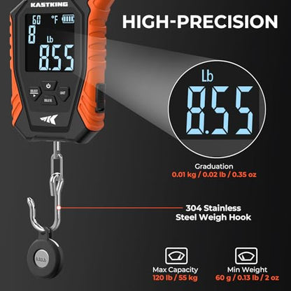 KastKing Weighmaster Mechanical-Digital Fishing Scale, 120 lb Capacity, 2.5" Backlit Display, High-Precision Sensor, 9 Weight Memory, Temperature Detection, IPX6 Waterproof, Fishing Gifts - style: B: Orange