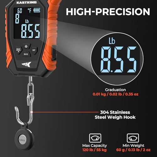 KastKing Weighmaster Mechanical-Digital Fishing Scale, 120 lb Capacity, 2.5" Backlit Display, High-Precision Sensor, 9 Weight Memory, Temperature Detection, IPX6 Waterproof, Fishing Gifts - style: B: Orange