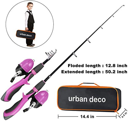 Urban Deco Kids Fishing Pole Set Portable Telescopic Kids Fishing Rod and Reel Combo Kit with Tackle Box for Beginners, Boys,Girls,Youth,Children - color: Pink