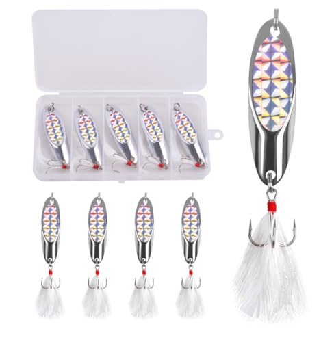 5 Pcs Fishing Spoon Lures Kit - Casting Master Spoon Metal Jig Trout Lures for Saltwater Freshwater, Reflective Spoons Bait with Treble Hooks Fishing Tackle 1/5 OZ - 1 OZ - size: 1/5 oz ( 5 pcs/1 box)