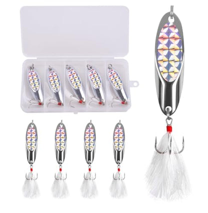 5 Pcs Fishing Spoon Lures Kit - Casting Master Spoon Metal Jig Trout Lures for Saltwater Freshwater, Reflective Spoons Bait with Treble Hooks Fishing Tackle 1/5 OZ - 1 OZ - size: 3/8 oz ( 5 pcs/1 box)