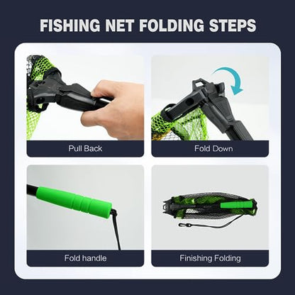 Black Paw Floating Fishing Net Foldable Telescopic Fish Landing Net with Built in Length Scale Rubber Coated for Kayak, Fly, Trout - color: A1:12" Hoop Size Green (Fixed Pole)