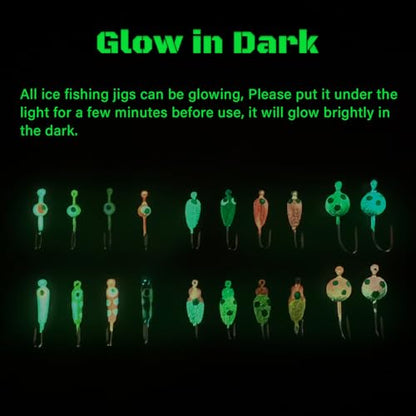 Ice Fishing Jigs Luminous Ice Fishing Lures Glowing Jig Gear Winter Fishing Jigging for Crappie Pike Panfish Walleye Perch Bluegill 6pcs/20pcs - color: B-20PCS